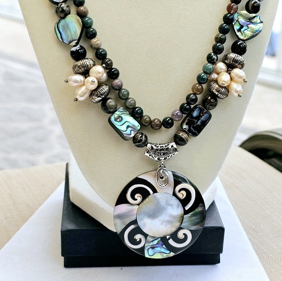 Mother of Pearl Gemstone and Abalone Bead Double-Strand Necklace with Pearls - Picture 1 of 15